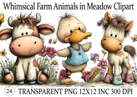 Download Whimsical Farm Animals in Meadow Clipart - Whimsical Collection