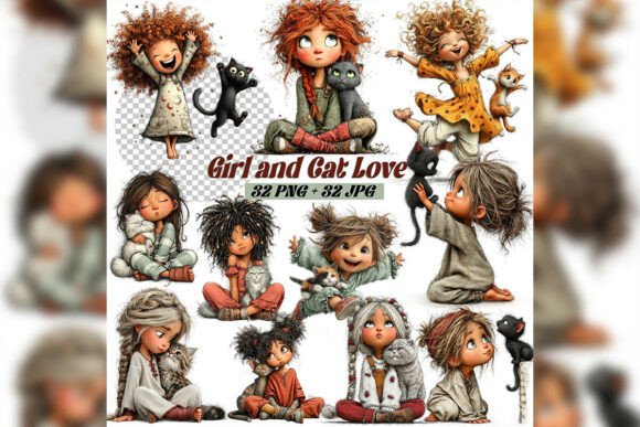 Download Whimsical Girl &amp; Cat Love Clipart Set - Whimsical Collection
