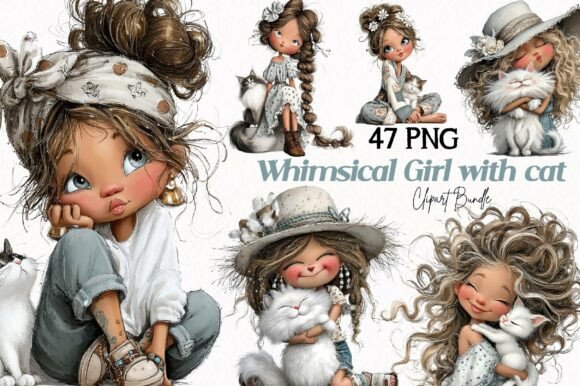 Download Whimsical Girl with Cat Clipart - Whimsical Collection