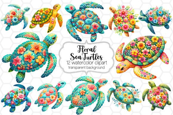 Download Watercolor Floral Sea Turtle Clipart Set - Sea turtle clipart Collection